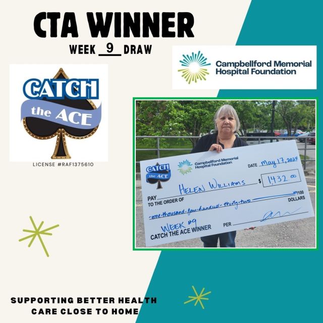 Congratulations to the CMH Foundation's Catch the Ace Week #9 Winner, Helen Williams. Helen won the Week #9 Prize of $1,432. Envelope #34 was opened and had the 2 of Clubs inside! The lucky ticket was purchased online at www.cmhcatchtheace.ca!.Week 10 Tickets available at www.cmhcatchtheace.ca.#CatchtheAce #Ontario #CMHStrong