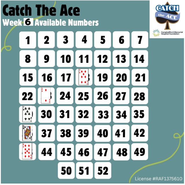 Envelope #29 is off the Board. It contained the 7 of Clubs. Here are the available envelope numbers to start WEEK #6. The CMH Foundation Catch the Ace Progressive Minimum Jackpot for Week #6 is at least $19,060. If you catch the ace next week the total prize money is estimated over $22,000! Get your tickets now from our retail partners or on-line at www.cmhcatchtheace.ca  #CatchtheAce #Ontario #CMHStrong