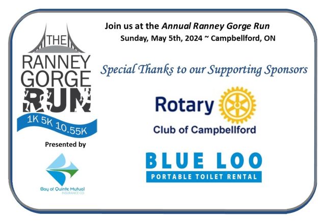The Annual Ranney Gorge Run is only a few days away! We want to take a moment to thank our Supporting Sponsors ~ Rotary Club of Campbellford and Blue Loo Portable Toilet Rental for their support! We wouldnt be able to host this great event in support of Campbellford Memorial Hospital Foundation without generous sponsors.It's not too late to register at www.ranneygorgerun.ca..#transformingcaretogether #ranneygorgerun #FrontlineCare
