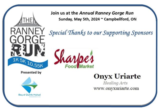 The Annual Ranney Gorge Run is only a few days away! We want to take a moment to thank our Supporting Sponsors ~ Sharpes Food Market and Onyx Uriarte Healing Arts for their support! We wouldnt be able to host this great event in support of Campbellford Memorial Hospital Foundation without generous sponsors.It's not too late to register at www.ranneygorgerun.ca..#transformingcaretogether #ranneygorgerun #FrontlineCare