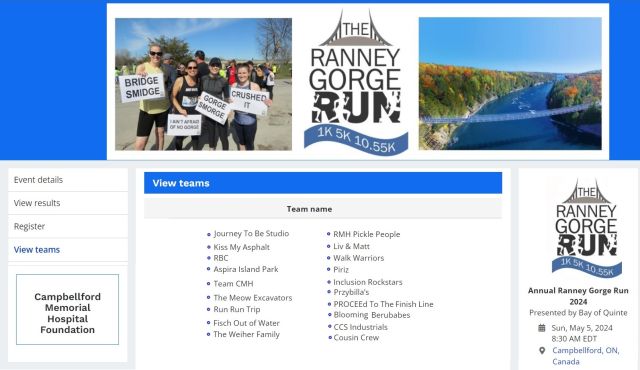 Love seeing all the team names for the Annual Ranney Gorge Run on May 5th ~ Presented by Bay or Quinte Mutual Insurance. There is a lot of creativity out there. I think "Run Run Trip" and "Kiss My Asphalt" are my favourites.Still lots of time to register for the run at www.ranneygorgerun.ca and start your own team and fundraise for the Hospital...#ranneygorgerun #dontlookdown