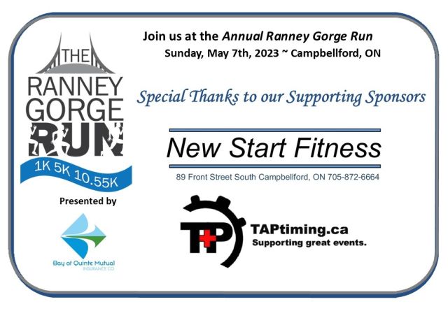 The Annual Ranney Gorge Run is only a couple days away! We want to take a moment to thank our Supporting Sponsors ~ New Start Fitness and TAPtiming for their support! We wouldnt be able to host this great event in support of Campbellford Memorial Hospital Foundation without generous sponsors.It's not too late to register at www.ranneygorgerun.ca..#transformingcaretogether #ranneygorgerun #FrontlineCare