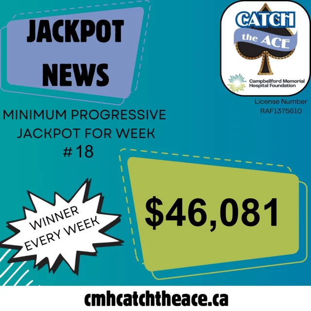 Fewer Envelopes Means we are Closer and Closer to Catching the Ace!The Jackpot is Growing!CTA Week #18 tickets are available NOW at our retail partners and once again ONLINE at www.cmhcatchtheace.ca Catch the Ace on Thursday and win $50,000. The Week #18 draw takes place on Thursday, July 18th.A great way to support the purchase of new life-saving equipment for YOUR hospital!!Where to buy CTA Tickets:Sharpes Food Market (Campbellford)MacLaren IDA Pharmacy (Campbellford)Newman Insurance (Campbellford)Giant Tiger (Campbellford)Wm. J. Thompson Farm Supply (Campbellford)Campbellford ChryslerCentre Store (Campbellford)Robin's Nest Farm Market (Warkworth)Remedys RX Warkworth PharmacyRed Barn Country Market (Roseneath)Guardian Marmora PharmacyTodds Valu-mart (Hastings)Home Hardware (Stirling)The Pro One Stop (Stirling)McKeown Motor Sales (Springbrook)Havelock Guardian PharmacySam's Place (Cordova Mines)Carquest Auto Parts (Havelock)The Ranch Restaurant (Havelock)Havelock FoodlandJ.J. Stewart Motors (Norwood)Brighton PharmaChoice PharmacyCMH Gift ShopCampbellford Memorial Hospital Foundation (CMHF)#CatchTheAce #supportcmh #everyone#peterborough #belleville #Ontario#CatchtheAce #CMHStrong